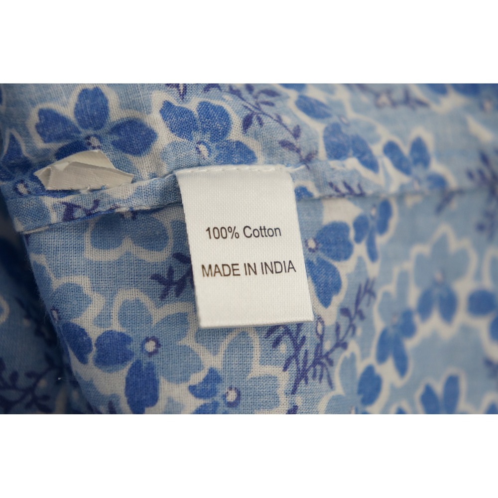 Banjanan Floral Blouse L Blue Cotton Ruffle Neck Short Sleeve Excellent - Picture 7 of 7